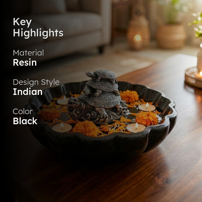 Sacred Three Tortoise Motif Resin Urli - Black media 2