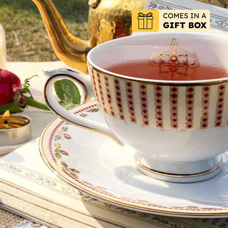 Gilded 24k Gold Brushed Porcelain Tea Cup & Saucer (300 mL) - Set of Six