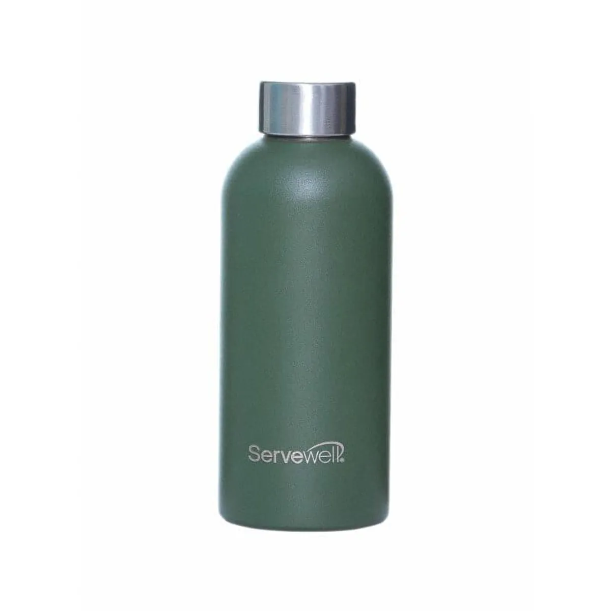 Single military-green bottle with silver cap photographed against a white background