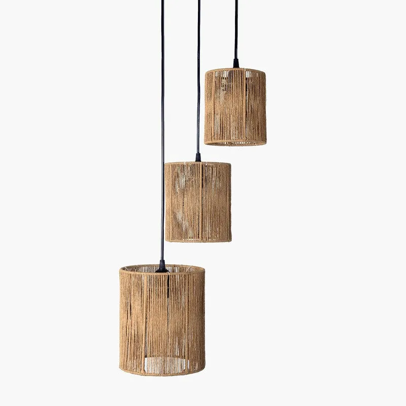 Angled view of the three-shade raffia ceiling lamp on a white background