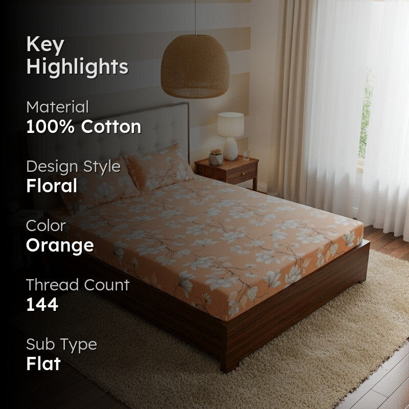 Lidera Flora Cotton Bedsheet (Orange) - 144 TC media 2