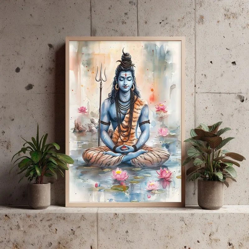 Adiyogi Shankara Spiritual Archival Paper Wall Painting - Natural Brown Frame media 3