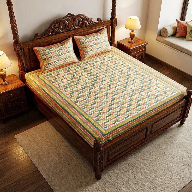Vance Abstract Cotton Bedsheet (Green,Peach) - 180 TC media 1