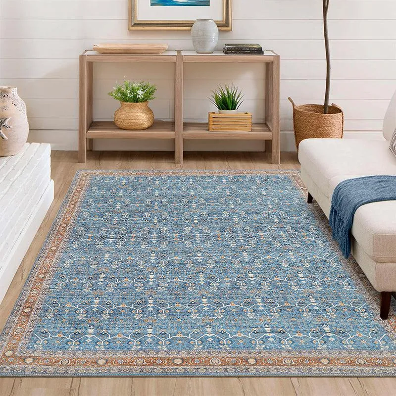 Blue bordered carpet styled in a living room setting