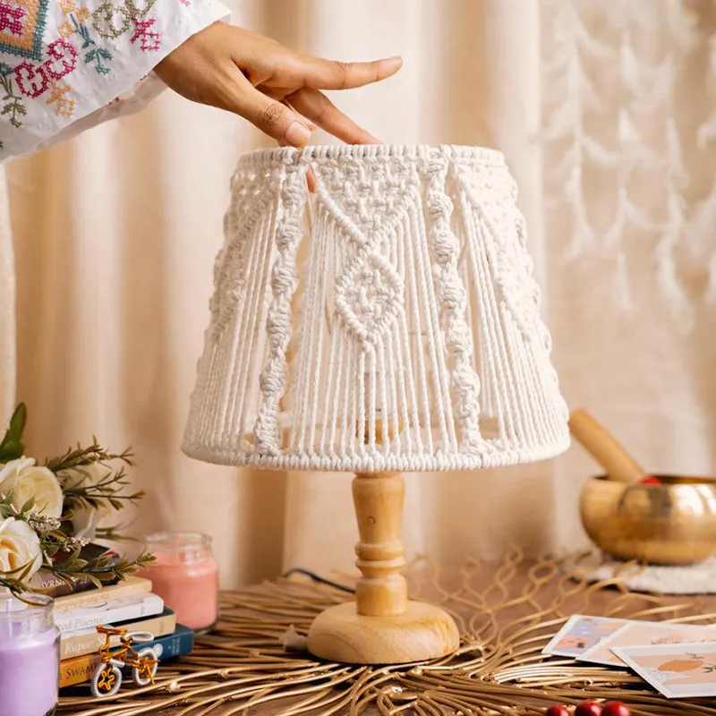 Behnam Macrame Wooden Table Lamp - White,Beige media 4