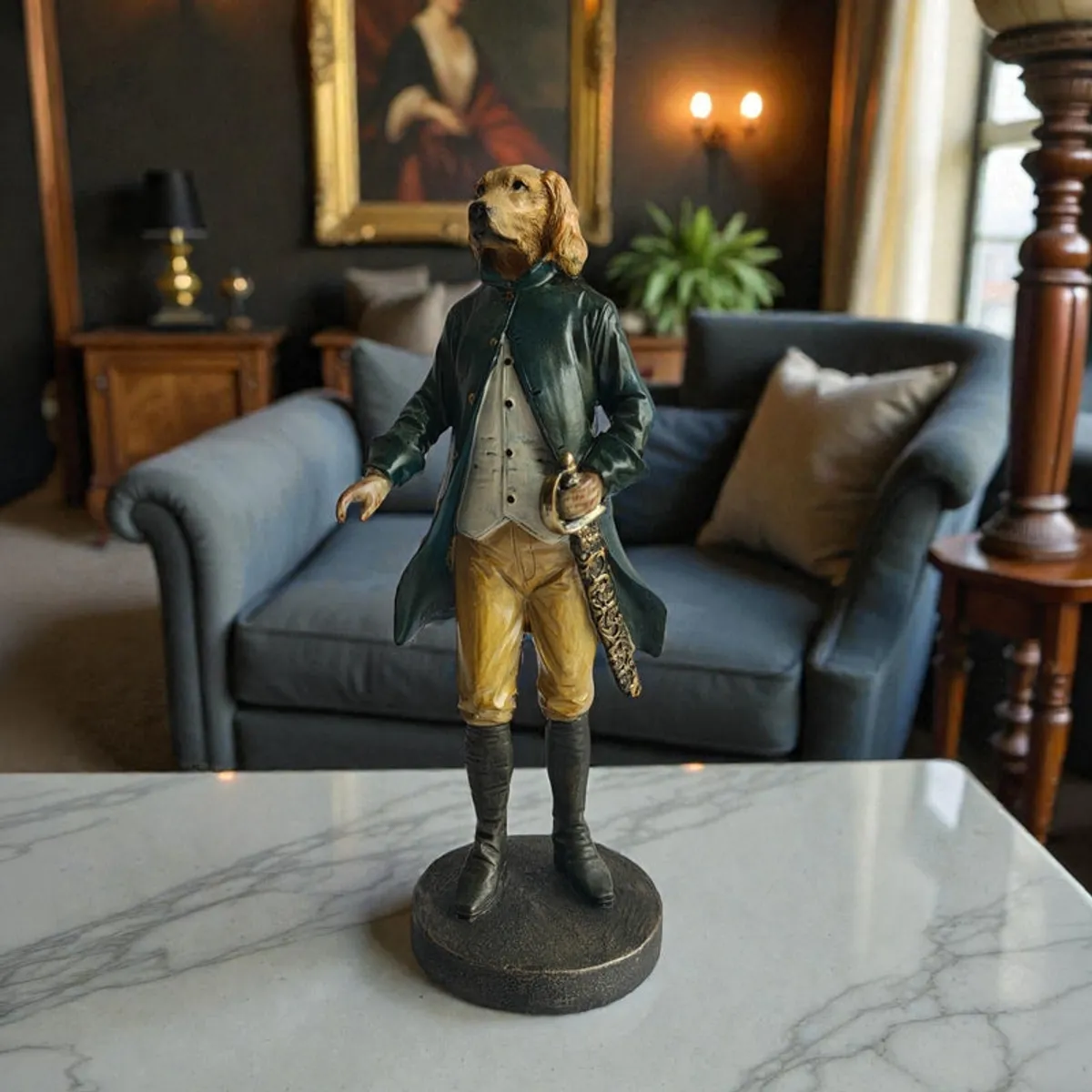 Aristocratic dog figurine styled on a marble table in a living room