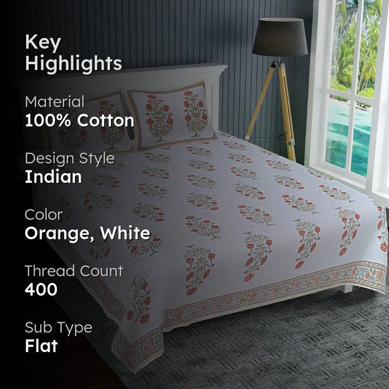 ShahiGuldaan Handblock Printed Cotton Bedsheet (Orange) - 400 TC media 2