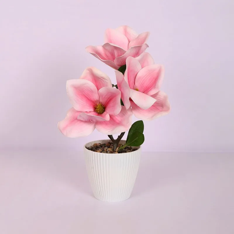 Magnolia Artificial Flower Plant With Black Plastic Pot - Pink media 3