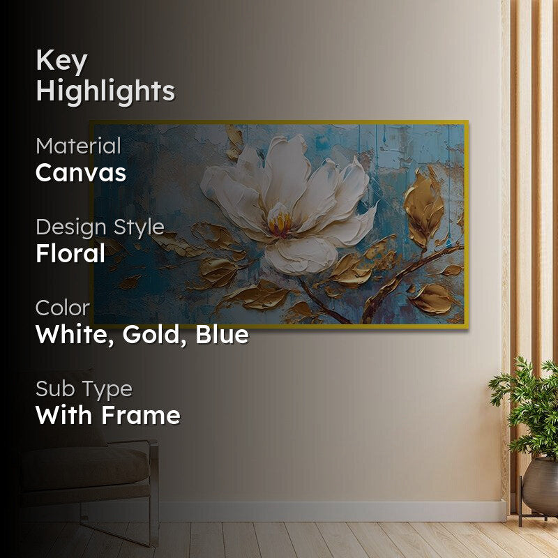 Flor Blanca Floral Canvas Wall Painting With Frame - Gold media 2