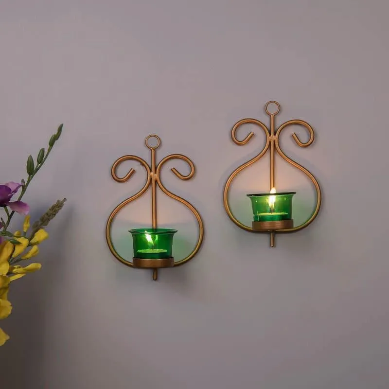 Seina Gold Frame Sconce Candle Holder (Green) - Set Of Two media 3
