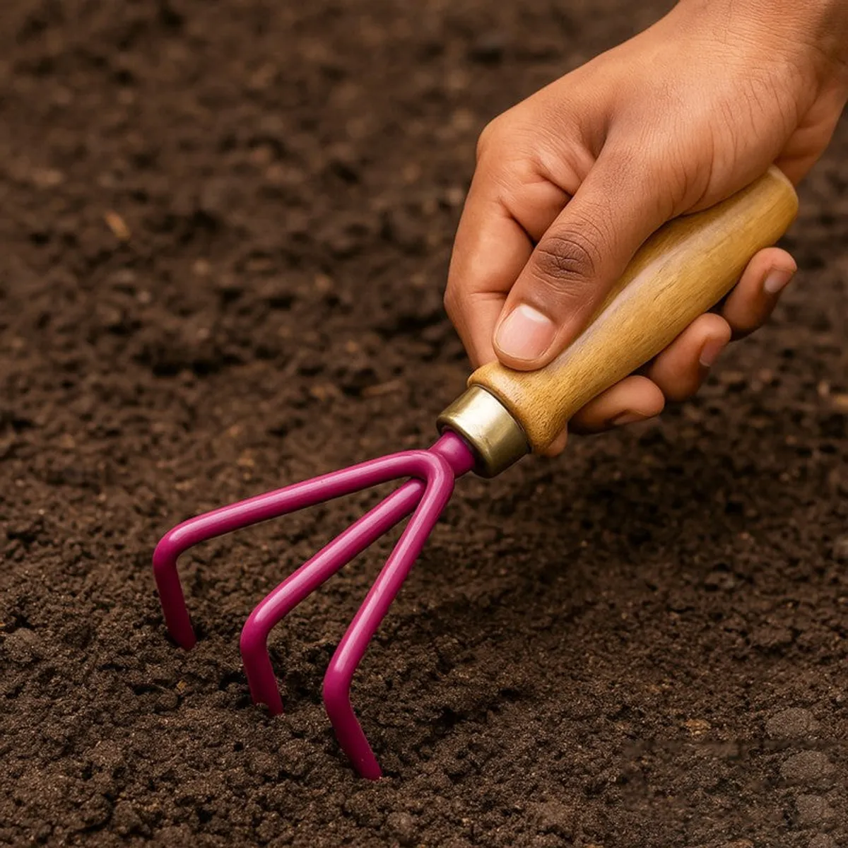 Hand using a wooden-handled pink cultivator in dark garden soil