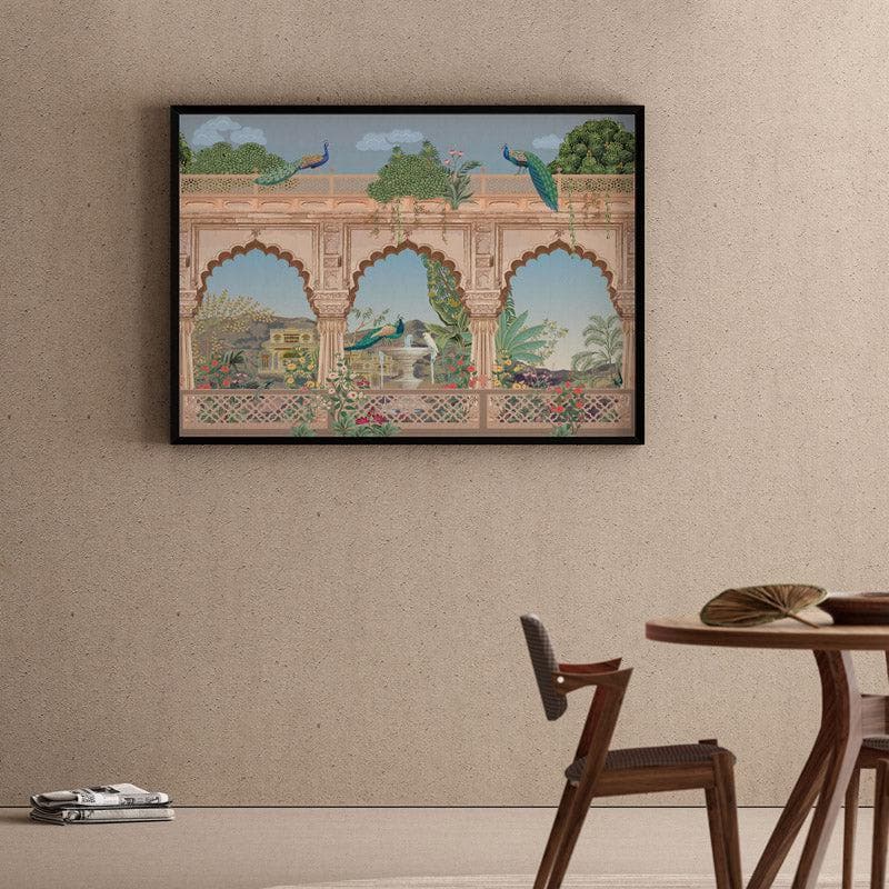 Regal Mughal Heritage Garden Canvas Wall Painting - Black Frame