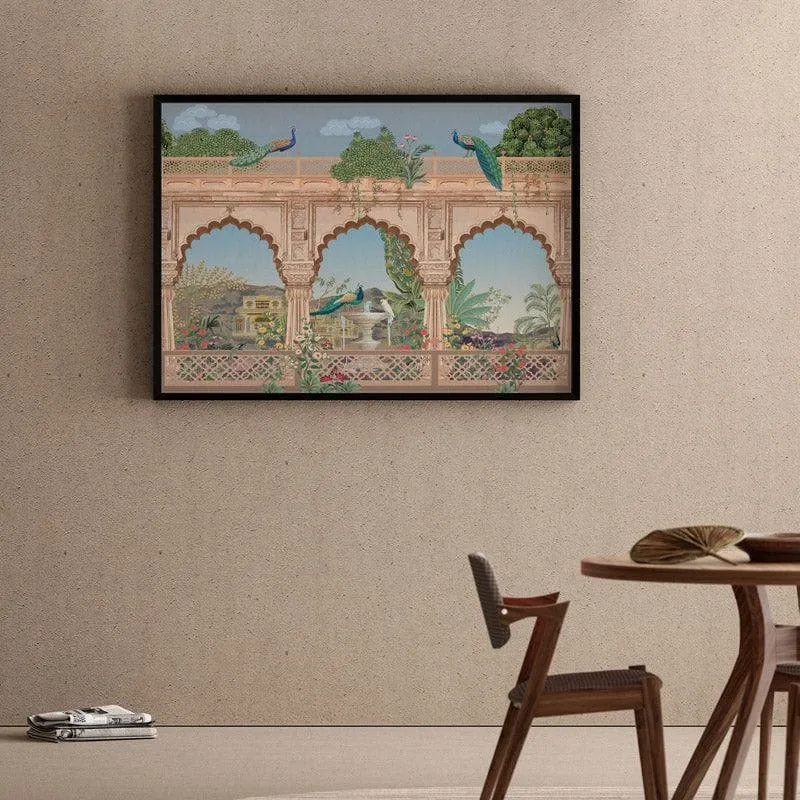 Regal Mughal Heritage Garden Canvas Wall Painting - Black Frame media 1