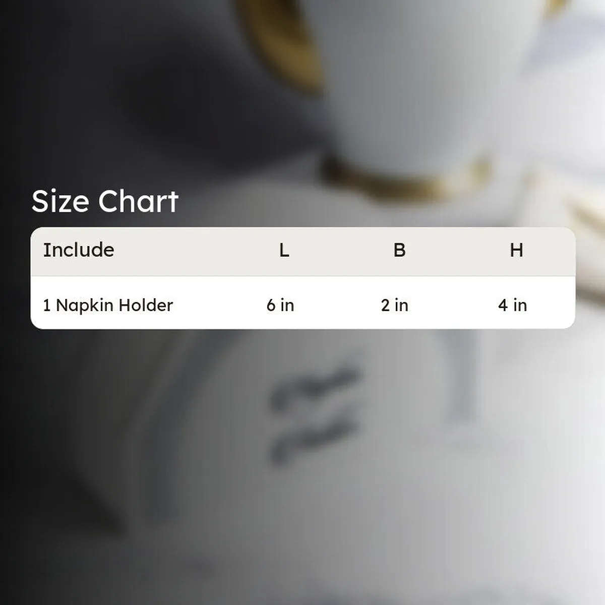 White marble napkin holder shown with a size chart.