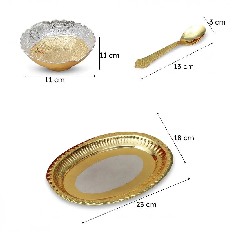 Single decorative bowl, spoon and oval tray with size markings