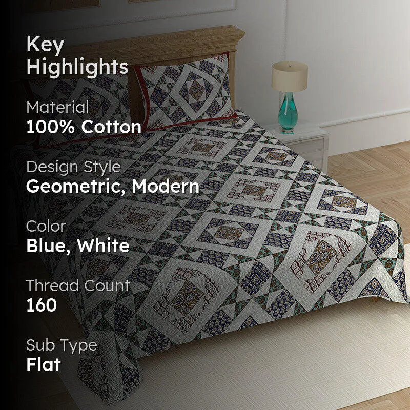Adire Geometric Cotton Bedsheet (Blue) - 160 TC media 2