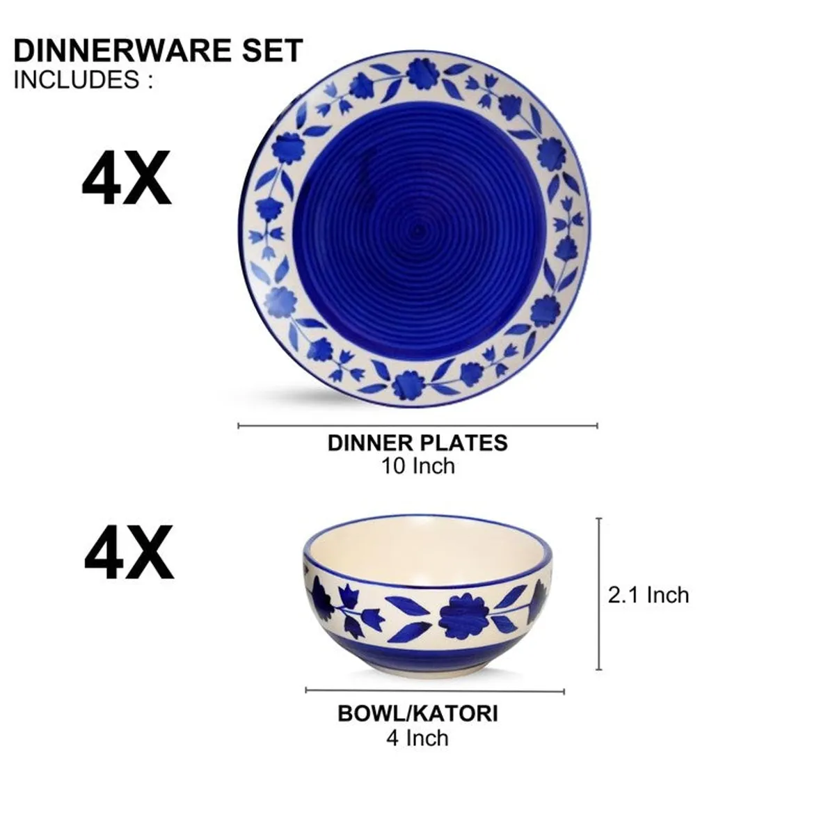 Blue floral ceramic dinner set with four plates and four bowls