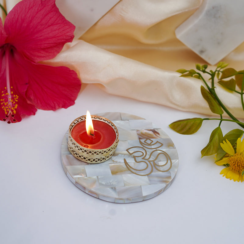 Om Mother Of Pearl Tealight Candle Holder With Marble Base
