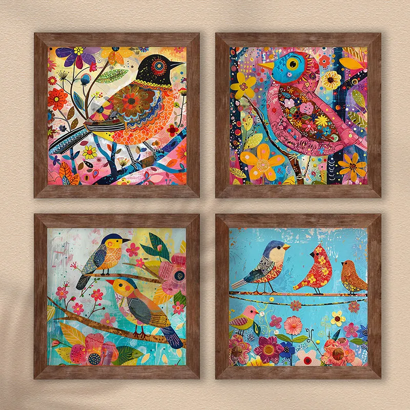 Colorful Pakshis I Wall Art with Frame - Set Of Four media 1