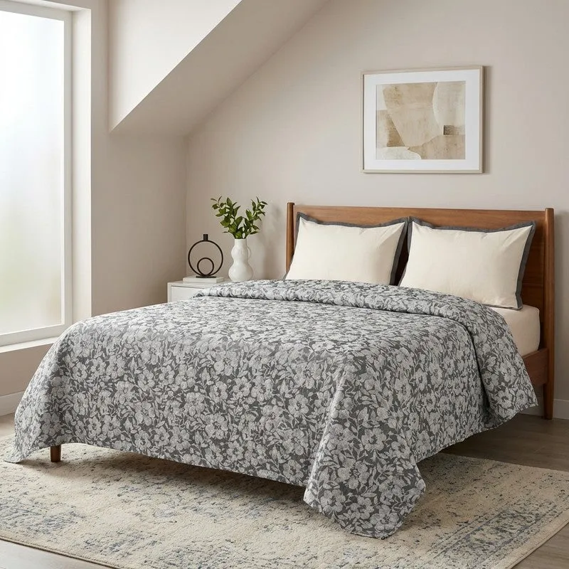 Blossom Breeze Cotton Bedsheet (Grey) - 224 TC media 1