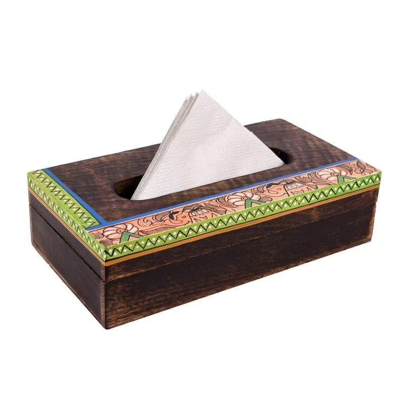 Brown wooden tissue box with a colourful floral and geometric border