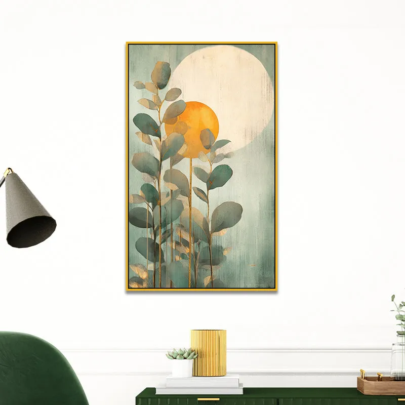 Fading Green Sunset Floral Canvas Wall Painting With Frame - Gold media 3