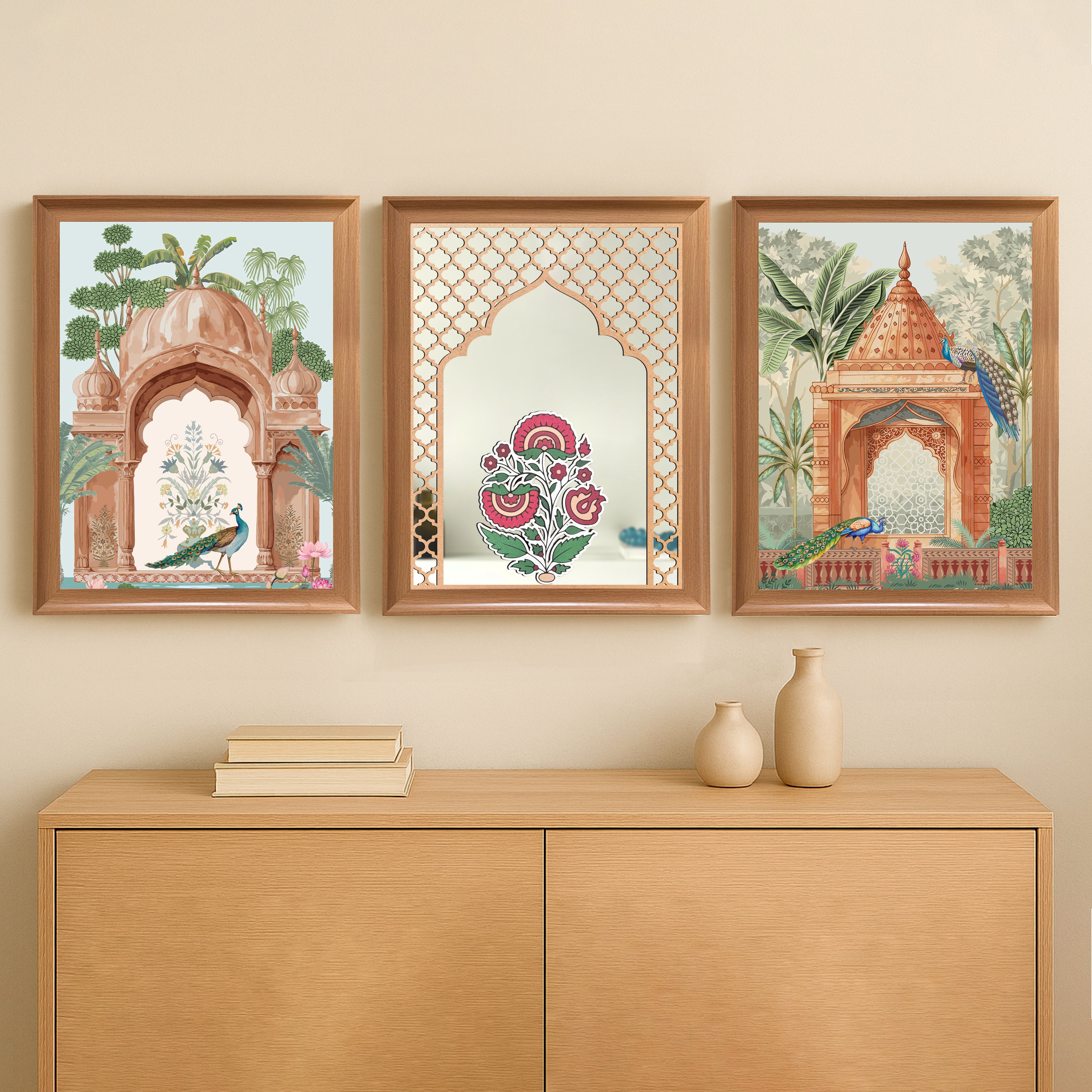 Royal Arch Botanical Wall Painting With Frame - Set Of Three