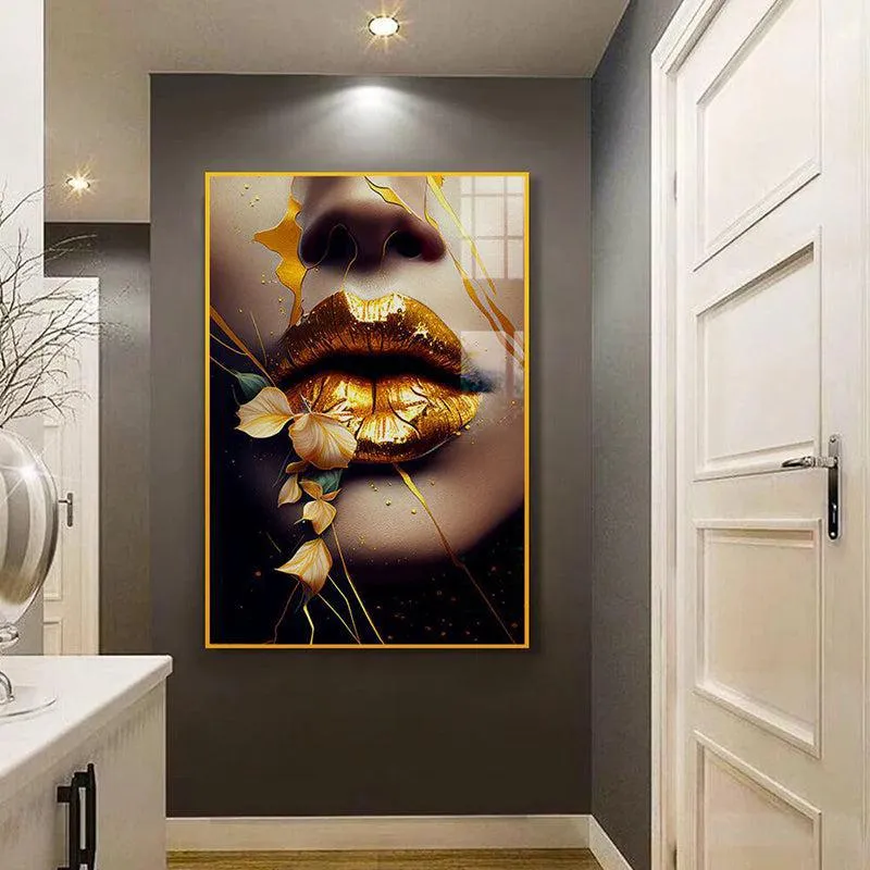 Amber Drip Modern Canvas Wall Art With Frame - Gold media 1