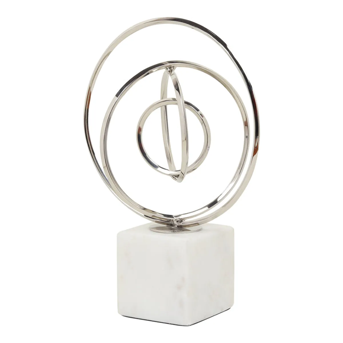 Angled view of silver ring showpiece on a white marble base