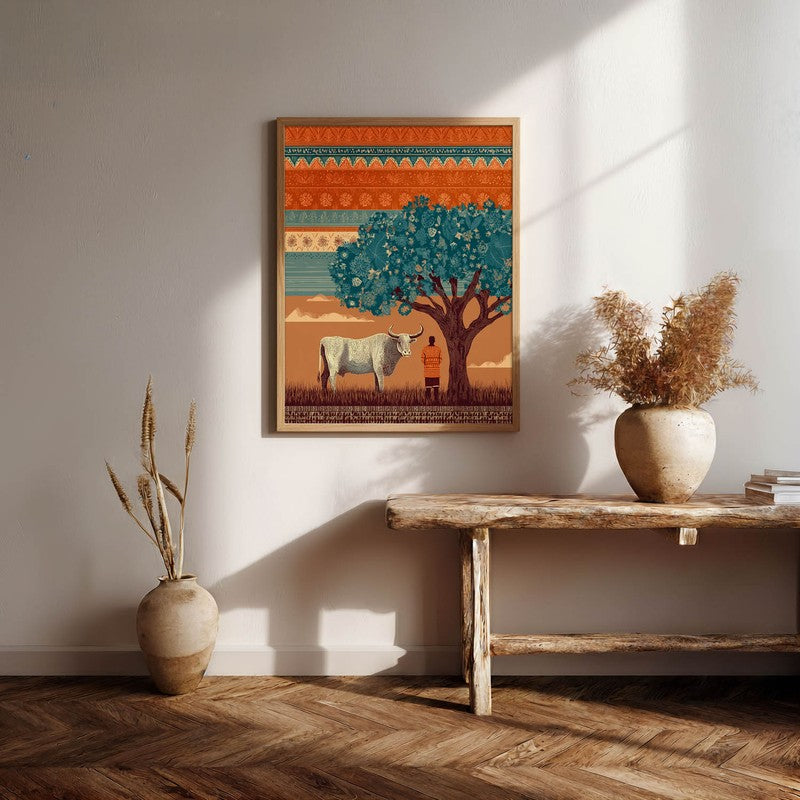 Kamadhenu Canvas Wall Painting With Brown Frame