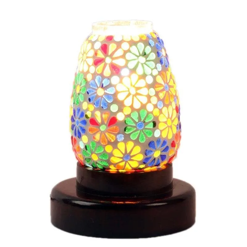 Illuminated floral mosaic glass table lamp with colourful glow