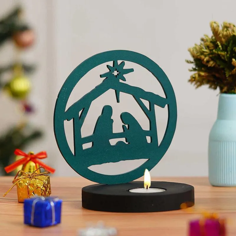 Manger Light Wood Christmas Tea Light Holder - Green media 4