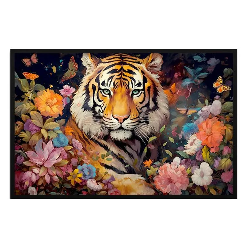 Tiger In Bloom Canvas Wall Painting With Frame - Black media 3
