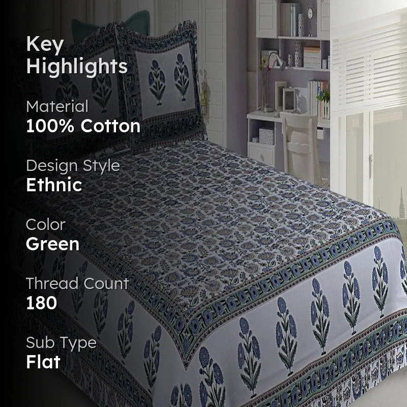Loka Ethnic Cotton Bedsheet (Green) - 180 TC media 2