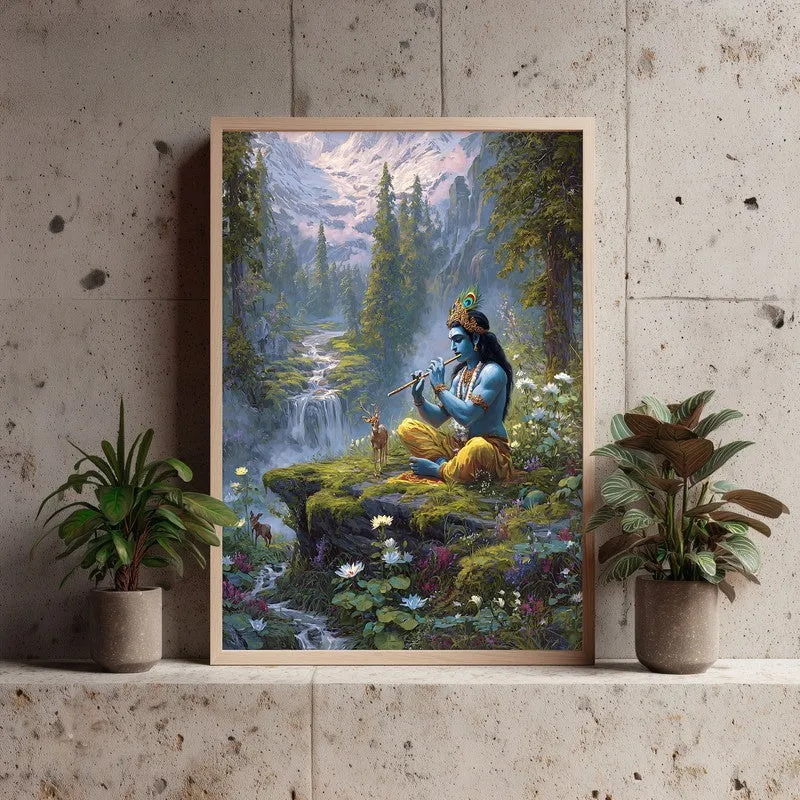 Vrindavan Bihari Lord Krishna Playing Fluit I Archival Paper Wall Art - Natural Brown Frame media 3