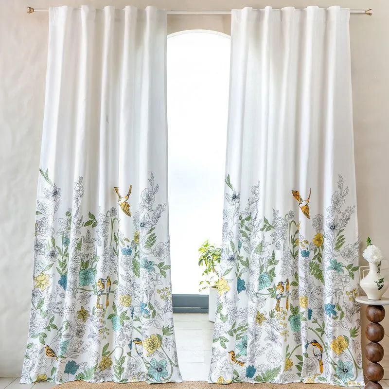 Yellow Forest Canopy Cotton Room Darkening Curtains with bird and nature print, panel view