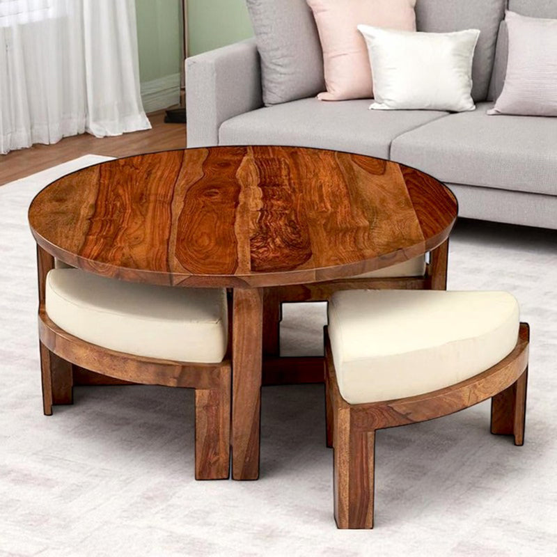Gravex Sheesham Wooden Center Table with Stools and Cushions (Brown) - Nine Piece Set