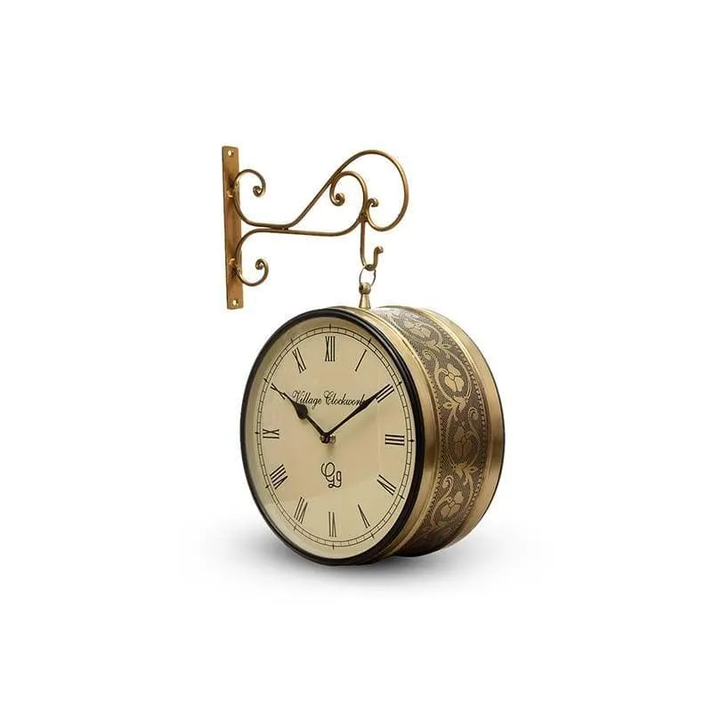 Close view of ornate gold clock casing, Roman numeral face and curved wall bracket