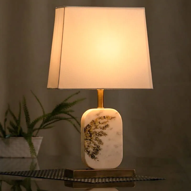 Winged Printed Marble & Brass Base Fabric Table Lamp - White media 1