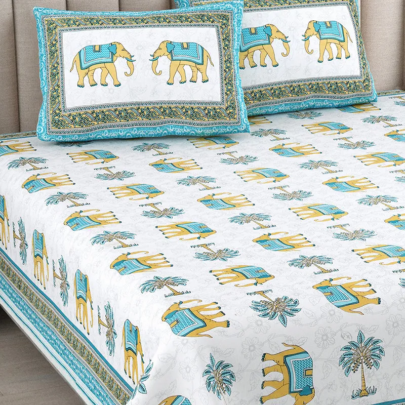 Palms & Tusks Cotton Bedsheet (Blue, Yellow) - 144 TC media 3