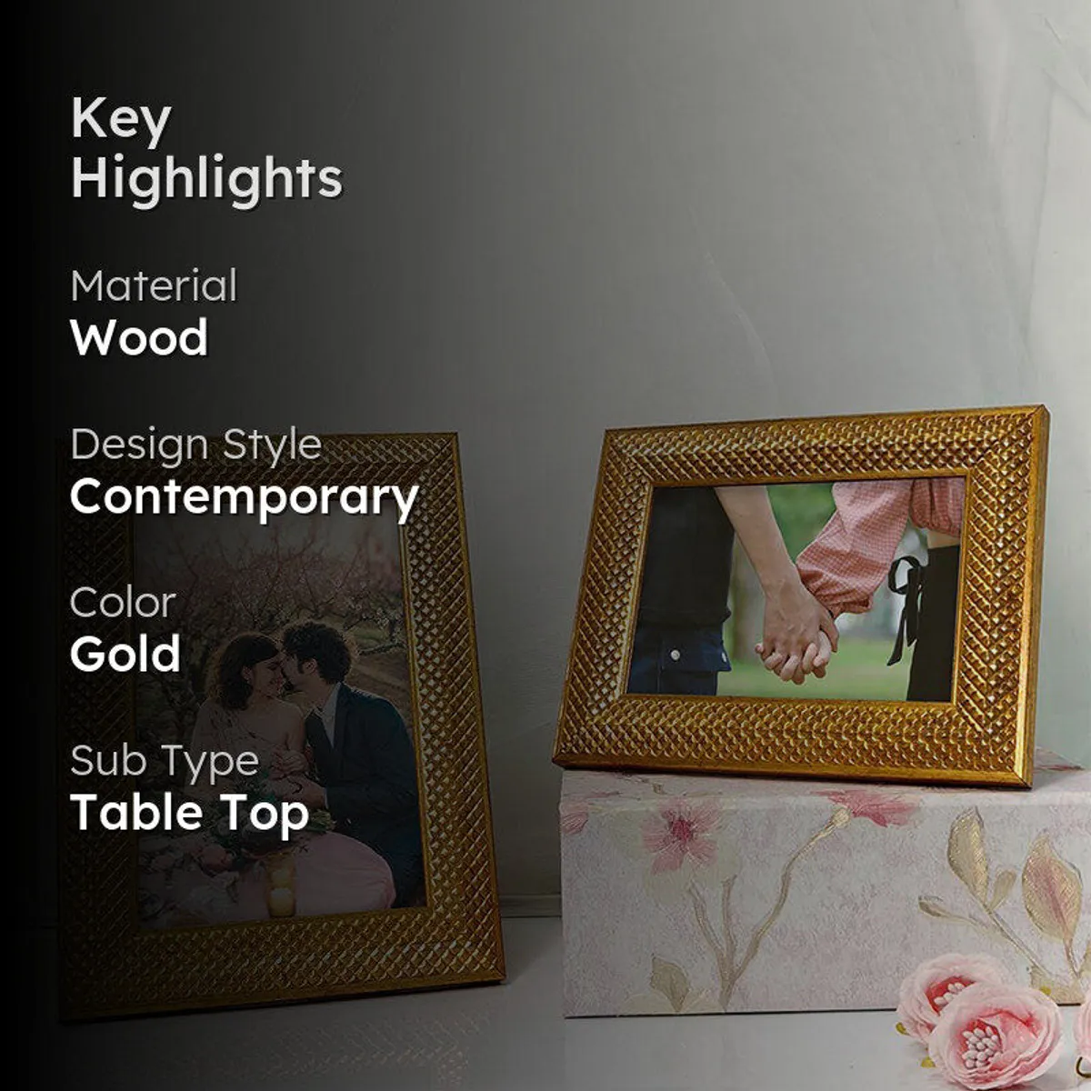 Gold photo frames styled in a room with a warm contemporary look.