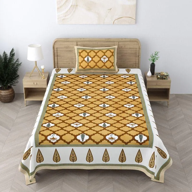 Ashima Printed Cotton Bedsheet (Mustard) - 180 TC media 1