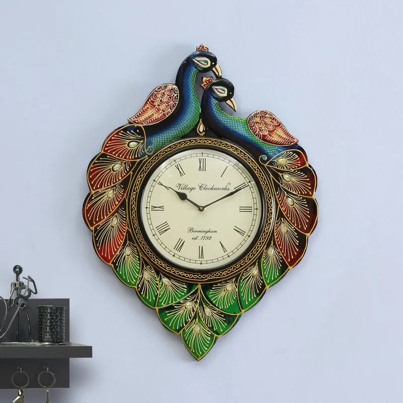 Handpainted Peacock Artwork Wood Wall Clock media 1