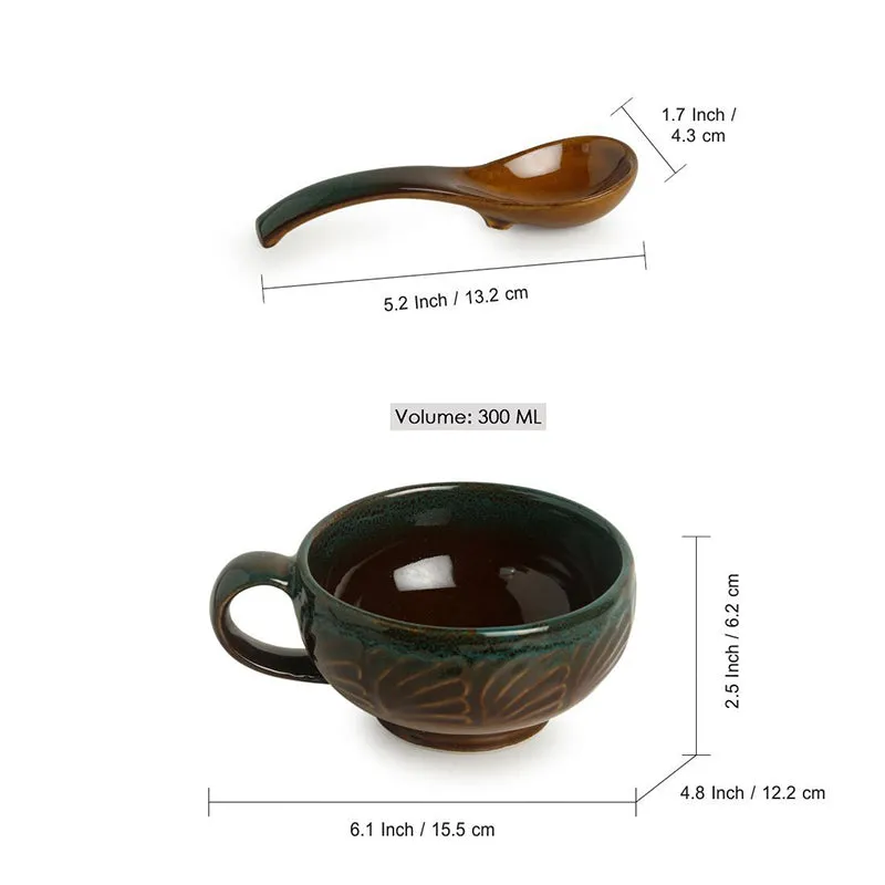 Kalika Handglazed Ceramic Soup Bowl With Spoon (Dark Green/300 mL) - Four Piece Set media 6