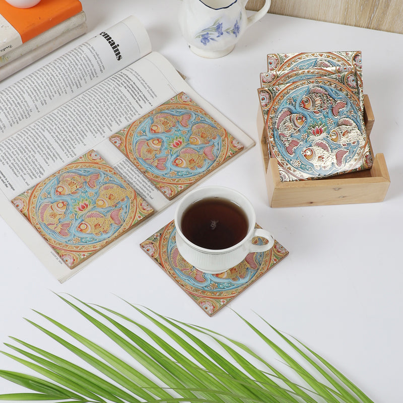 Matsyara Wooden Coaster with Stand - Seven Piece Set