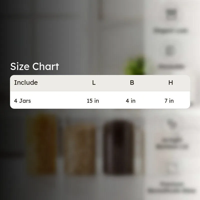 Four clear jars with bamboo lids displayed alongside a size-chart graphic.