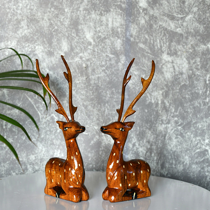 Timber Stags Wood Showpiece - Set Of Two