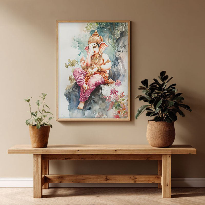 Vighnaharta's Blessing Spiritual Archival Paper Wall Painting - Natural Brown Frame