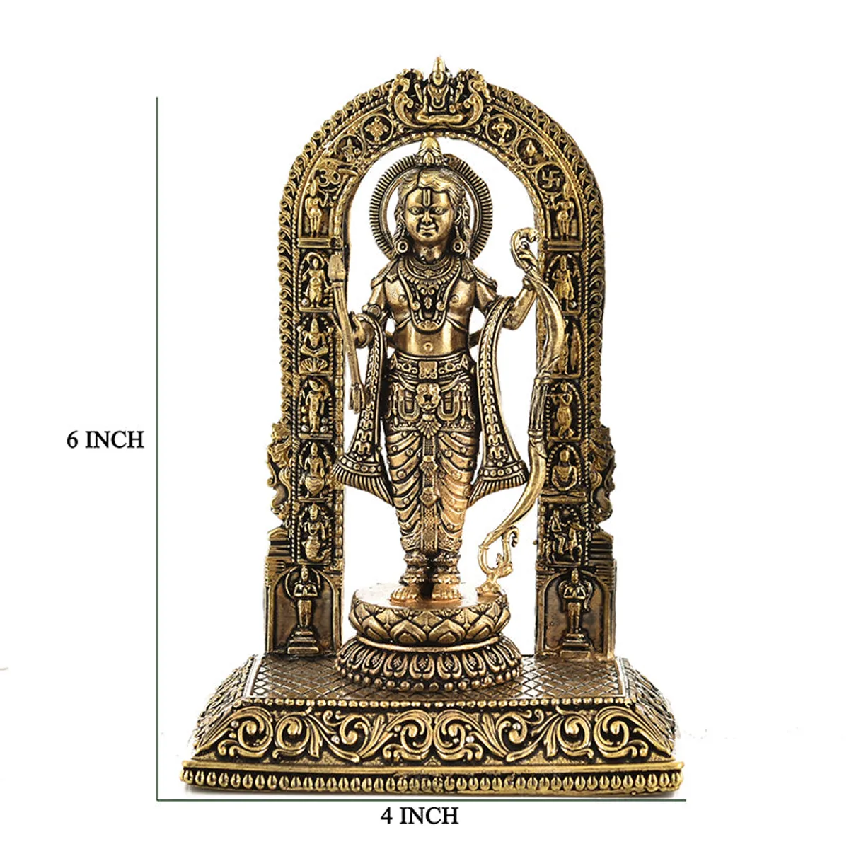 Front view of the Sriramachandra idol shown beside a six-inch height reference