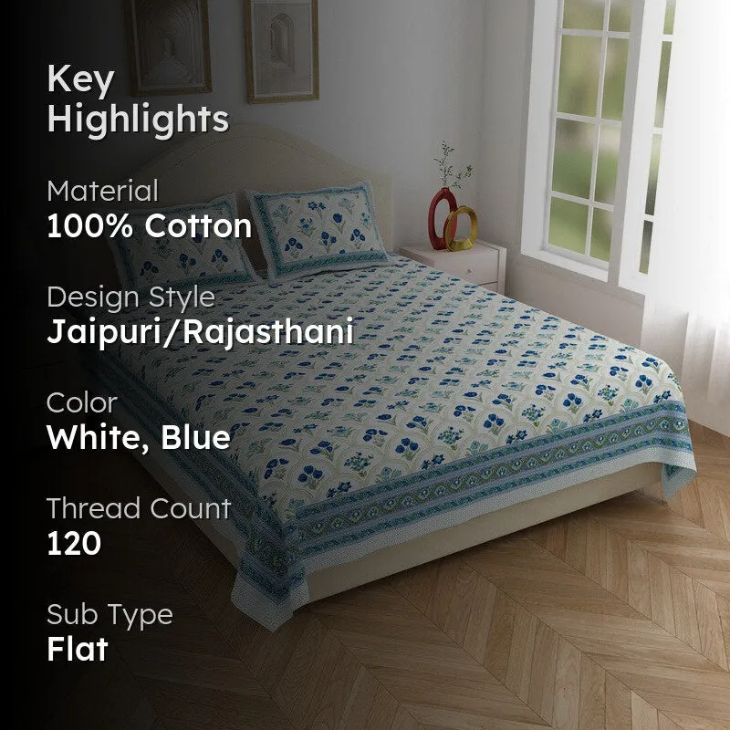 Heritage Touch Cotton Bedsheet (White,Blue) - 120 TC media 2